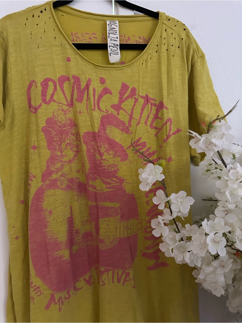 Magnolia Pearl Yellow-Green Graphic Tee with Pink Print